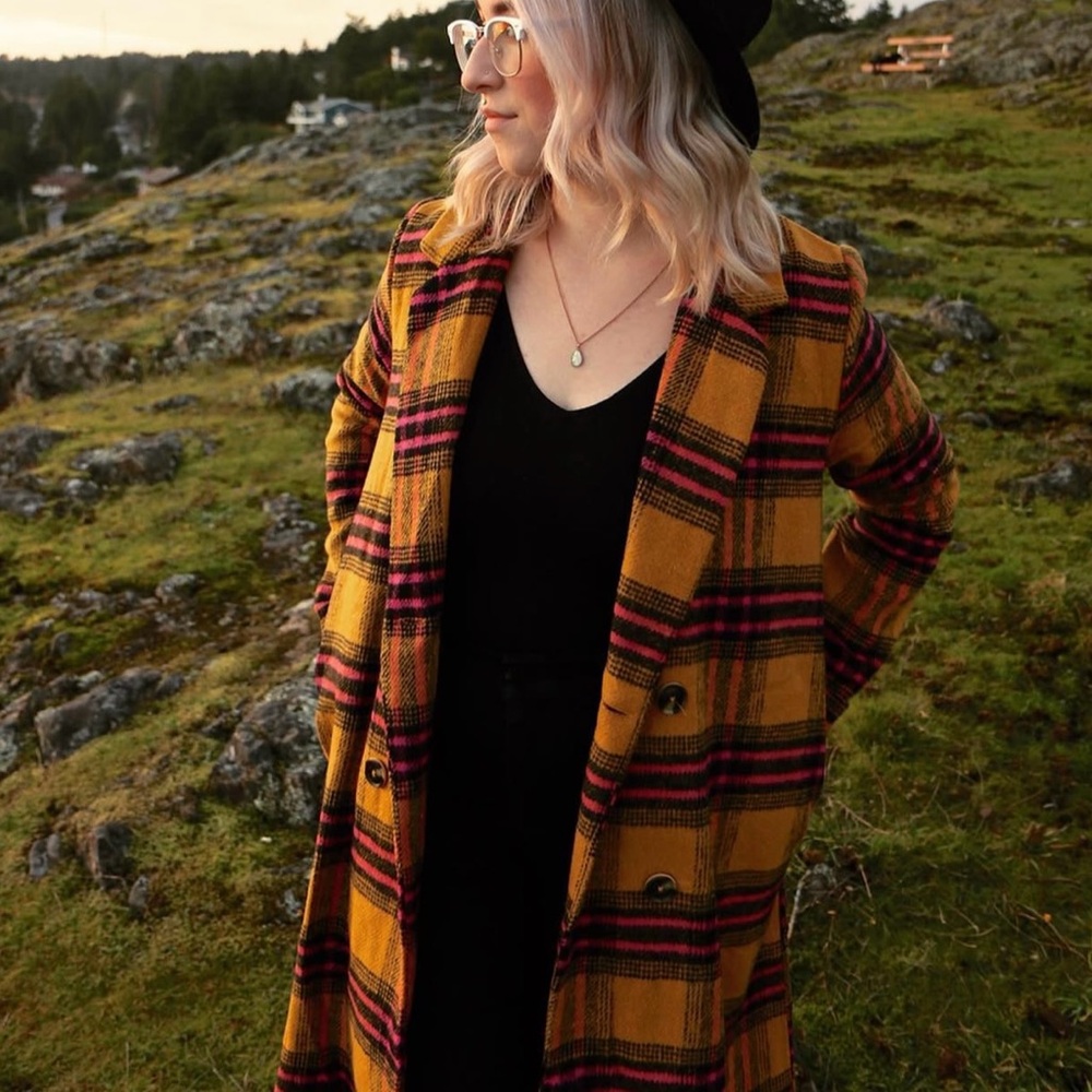 Plaid Long Coat with Yellow and Pink Accents - Picture 2 of 4